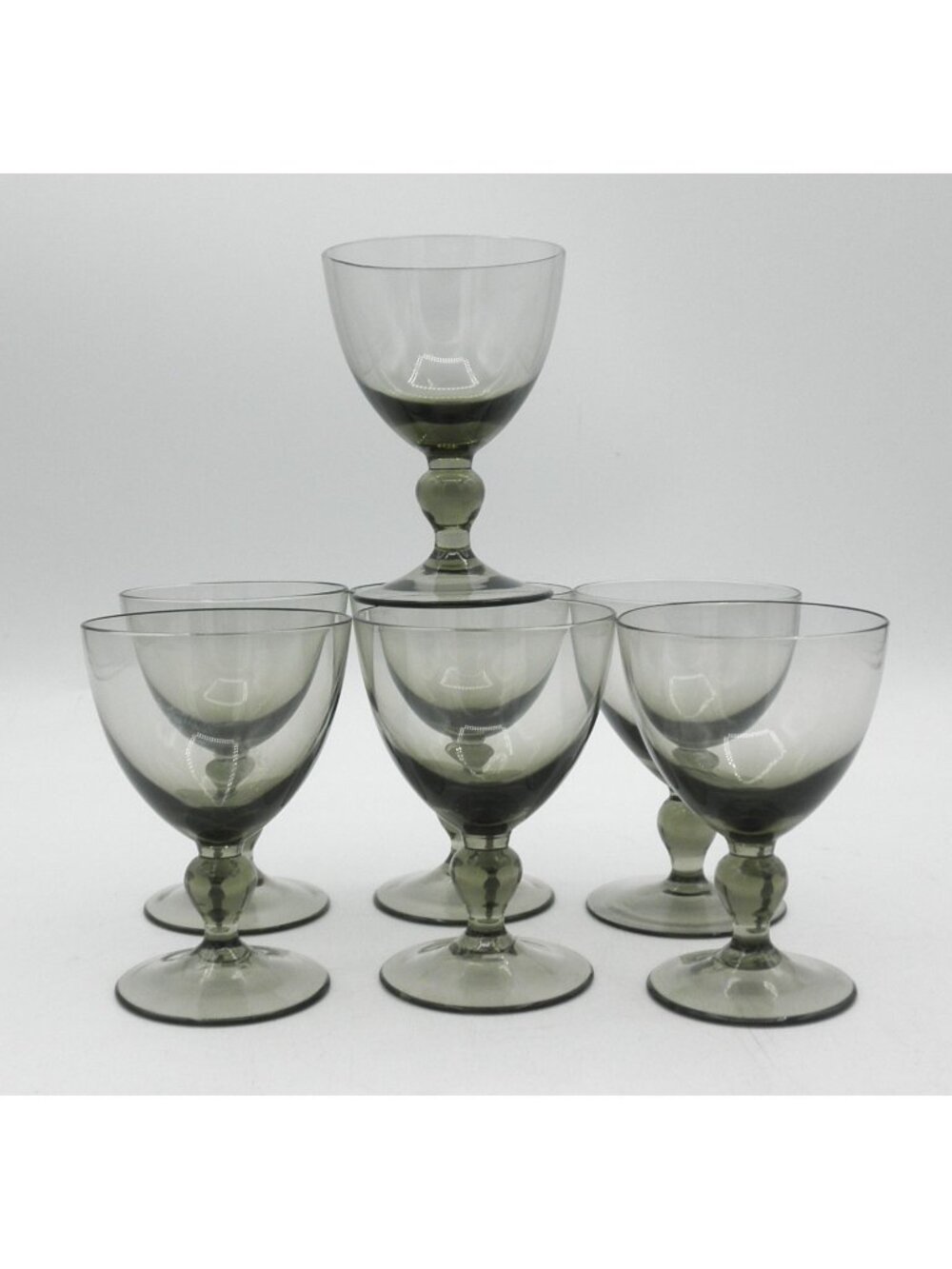 Hand Blown Mexican Crystal Olive Green Taupe Cordial Glasses Set of 7 UNK180